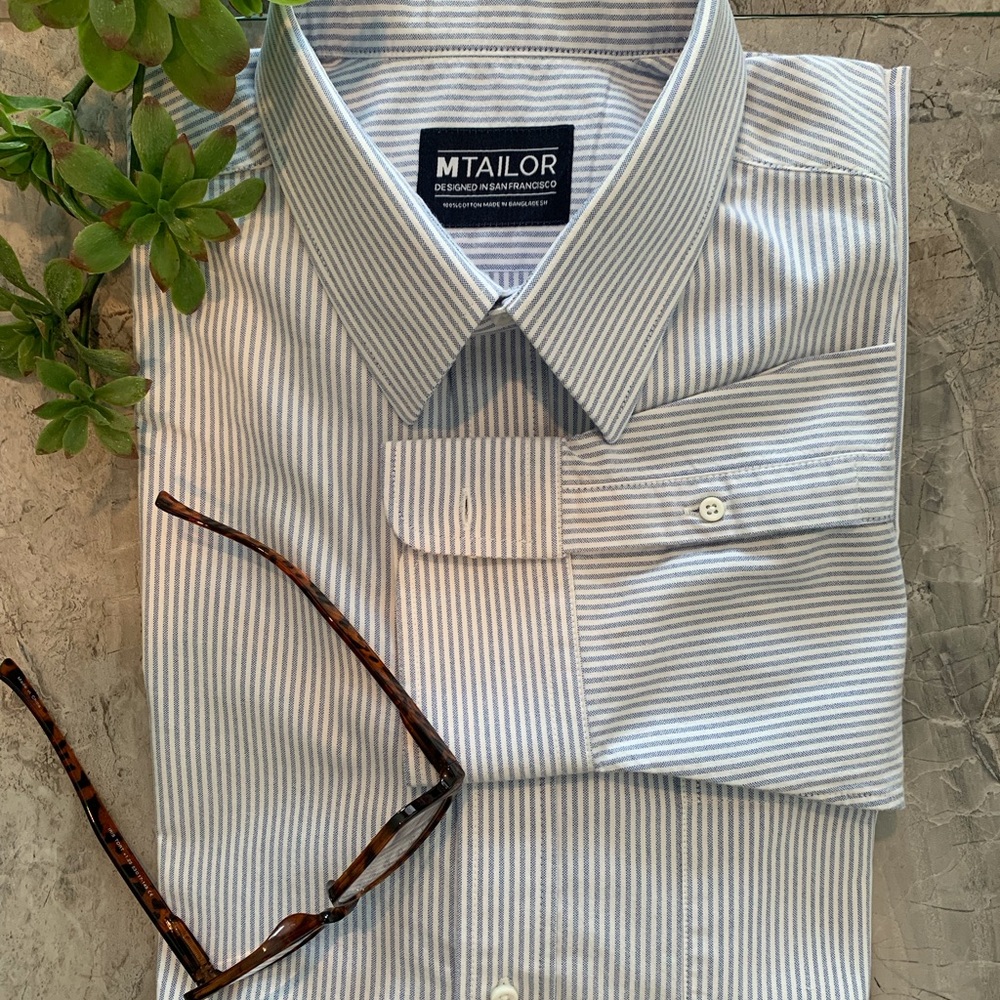 MTailor long sleeve blue & white stripe dress shirt. Size 17 1/2 x 34. EUC